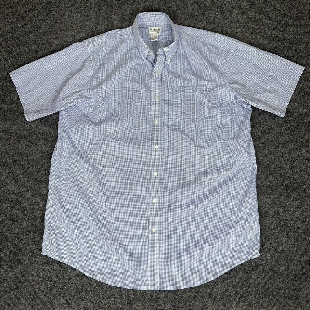 LL Bean Shirt Mens XLT Blue Plaid Traditional Fit Button Down Short Sleeve Adult